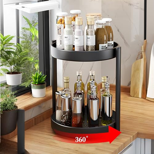 CHENYIYI 360° Gewürzregal Drehbar Lazy Susan 2-Etagen Gewürz Organizer, Metall Gewürzkarussell Drehbar, Gewürzregal mit großer Kapazität für Küche, Wohnzimmer, Bad, Schminktisch, Schwarz