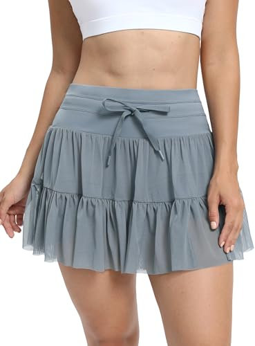 Supersun Tennisrock Damen mit Kurze Hose Taschen Tunnelzug High Waist Skort Elegant Tüll Faltenrock Yoga Golf Mini Rock Sommer Sport Skirt with Shorts Blau Größe S