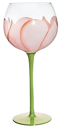 Duiaynke Floral Goblet Stemware Ornament Decoration Gifts Hand Painted 440ml Drinks Glass for Home Birthday Pub Juice Celebrations (Pink Tulip)