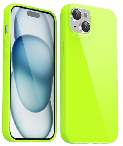 Svanove for iPhone 15 Plus Case Silicone, Glossy Soft Rubber Gel Jelly Cute Protective Plastic Simple Plain Phone Case Cover for Women Girl, Slim Thin Flexible Shockproof TPU, Neon Green Lime