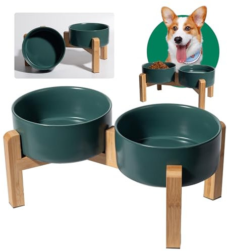 Gamelle pour Chien Surélevée Ceramique - Double Gamelle Chien Surelevee avec Support en Bambou - Set de Bol Chein pour Nourriture et Eau - Gamelles pour Chiens de Petite et Moyenne Taille - 2 x 850 ml