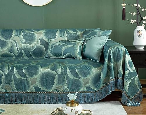 Bishilin Sofa Überzug 3 Sitzer Ecksofa, Couchbezug für Sommer 190x300CM Dunkelgrün Blätter Motiv mit Quasten Sofaüberwurf rutschfest Sofabezug Universal