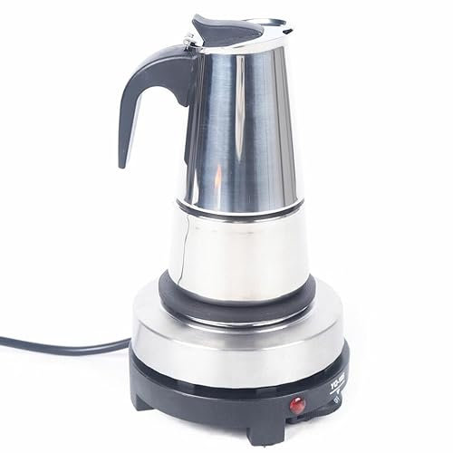 KLOOLIVE Elektrisch Espressokocher Edelstahl Espressokanne Kaffeekanne 220V mit Elektroherd 200ml 4 Tassen