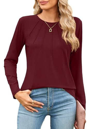 Florboom Bluse Damen Rundhals Plissee Langarm Elegant Tshirt Tunika Tops, Weinrot M