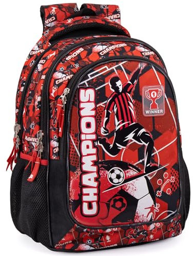 Julian Ross Champions Fußball Rot-Schwarz Ergonomischer Schulrucksack für Kinder, 33x15x43cm, 3 Fächer, Netz für Trinkflasche, Gepolsterte Träger, Griff, Gefüttertes Innenfach, Rucksack Jungen
