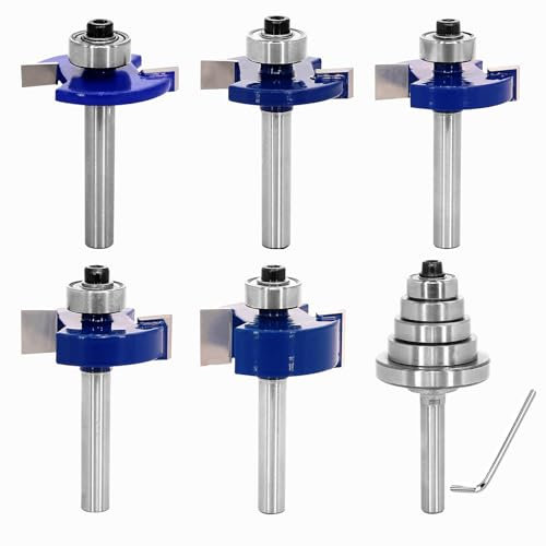 SICWOOD 5PCS Rabbeting Router Bit Set 1/4 Inch Shank, 1-1/4 Cut Dia, Rabbet Router Bit with 5 Bearings Set(Dia 1/2, 5/8, 3/4, 7/8, 1-1/8 ), for Cutting Rabbet Slots