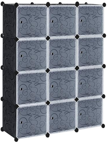 Froadp Faltbare Kleiderschränke 12 Gitter Steckregalsystem 140x105x35cm Kunststoff Garderobenschrank für Kleideraufbewahrung DIY Regalsystem Schrank für Schuhe Kleidung Spielzeug & Bücher (Schwarz)