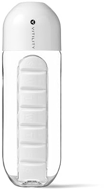 VITILITY Wasserflasche mit Medizinfächern – Pillendose - Weiß - Trinkflasche - Medizinbox 7 Tage