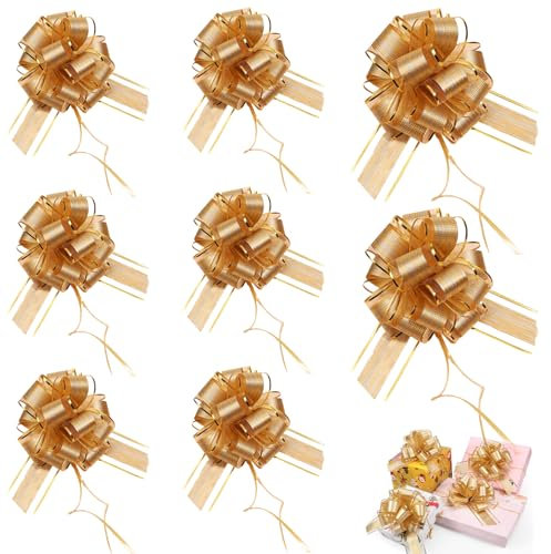 Gsedaox 8Pcs Large Pull Bows,Gold Organza Pull Bows,Tree pattern 3D ball flower,Bouquet Flower Boxes Birthday Party Decoration,for Wedding Baskets Presents Christmas Valentine's Day(gold)