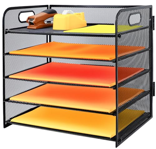 5 Tier Paper Letter Tray with Handle, Metal Mesh Desk File Organizer with Trays, A4 Paper Desktop Filing Trays, Magazine Document Holder for Home Office School