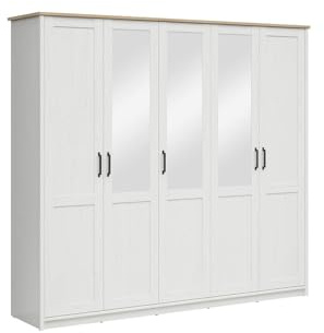 BLACK RED WHITE Loksa Armoire 5 portes avec miroir Pin blanc et chêne marron foncé Grandson 240,5 cm de large 220 cm de haut