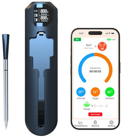 PZCC Ninja Präzisions-Lebensmittelthermometer, Sonde, digital, kabelloses Fleischthermometer für Grill, Sondenthermometer, Fleischthermometer, Sonde mit Smart-App, Zuckerüberwachung, IP67 wasserdicht