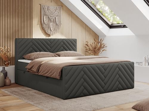 MKS MEBLE Boxspringbett 200x200 mit Bettkasten Matratze H3 - Paris Duo - Grau Kunstleder