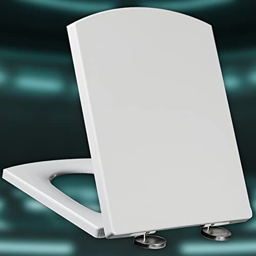 Weißer Standard-Toilettensitz mit Schnellentriegelung, mit Deckelbefestigung, Edelstahl-Scharniere, doppelte Befestigung, 44 ~ 50 x 37 cm, ideal für WC-Klo