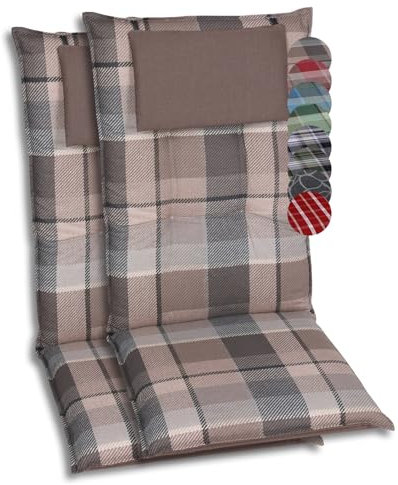 GO-DE Textil Bequeme und attraktive Polsterauflagen für Hochlehner-Gartenstühle (2er-Set, Karo Braun-Grau, Hochlehner)