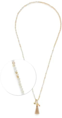 JEWELS BY LEONARDO Halskette Donna • lange Endlos-Kette aus goldfarbenem Edelstahl • Glasperlenkette in sanften Beigetönen • Quasten-Anhänger • 80 cm Länge • Schmuck Geschenk für Frauen • 024897