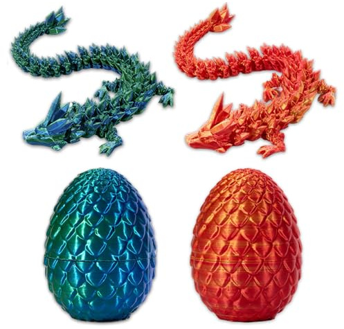 Qixuer Dragon Imprimé en 3D dans Un Œuf, 2 Pièces Dragon Articulé Imprimé en 3D, pour Les Amoureux De Dragon Et Les Voitures, Bureaux (Rouge Or + Bleu Vert)
