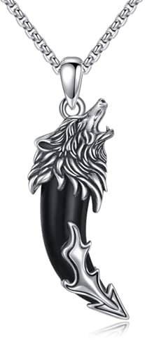 ONEFINITY Wolfszahn Halskette 925 Sterling Silber Wolf Obsidian Anhänger Halskette Wolfszahn Fang Schmuck für Männer