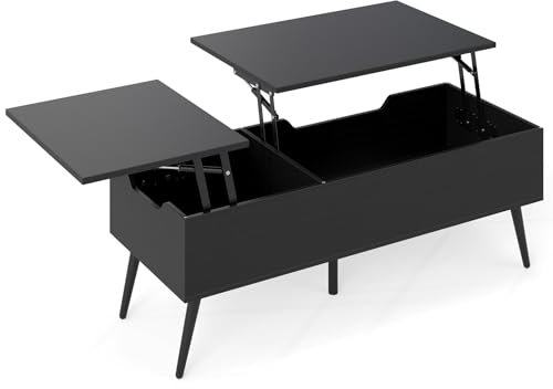 LIFEZEAL Tavolino da Salotto Sollevabile, Tavolino Basso da Caffè, da Soggiorno, Moderno, Salvaspazio, in Legno, con Piano Elevabile, Gambe in Metallo, Contenitore, 2 Scomparti, 110,5x48x40cm, Nero