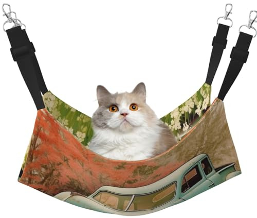 Spring Retro Auto Katze Hängematte für Käfig Hängende Weiche Haustier Hängematte Bett mit verstellbaren Riemen und Metallhaken Reversible Doppelseitiges Hängebett Weiche Schlafhängematte für Katzen
