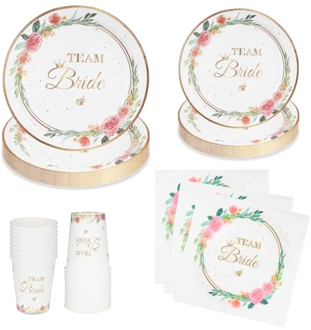 LAWALEISHE 96Pcs Team Bridal Shower Party Plates Cups and Napkins, 9 and 7 Disposable Strong Paper Plates and Cups, Party Tableware Set 24 Guests for Engagement Wedding Table Decorations