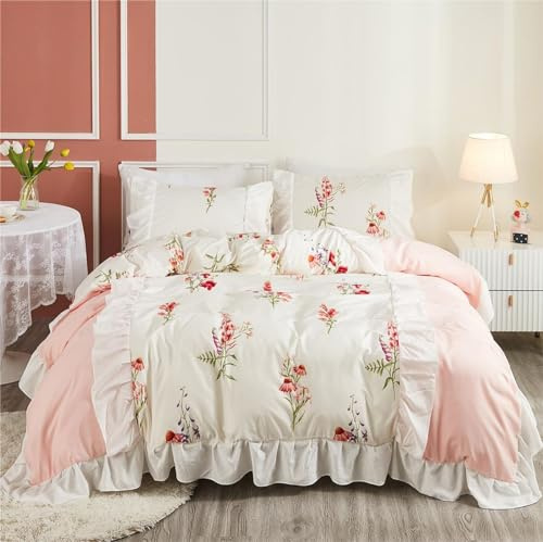 Freyamy Rüschen Bettwäsche 135x200cm 2teilig Weiß Rosa Blumen Rüschen Mädchen Bettwäsche Set Blumenmuster Bunt Deckenbezug Microfaser Bettbezug mit Reißverschluss und Kissenbezug 80x80cm