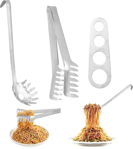 3 Piezas Pinza Spaguetti, Cuchara de Espagueti, Herramienta Medidora de Espaguetis, Acero Inoxidable Uego de Servidor, Pinzas Cocina para Cocinar Pasta, Ensaladas, Carnes a la Parrilla, Plata
