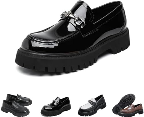 Mocassini con Plateau in Pelle Verniciata da Uomo, comode Scarpe Eleganti Slip-on con Suola Antiscivolo, Mocassini con Morsetto e Punta Tonda(Shiny Black,46 EU)