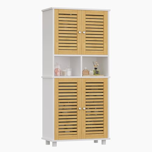 FORABAMB Meuble de Rangement, Meuble Colonne pour Salle de Bain avec 4 Portes en Bambou, 2 Étagères Réglables et Ouvertes, Armoire de Salle de Bain pour Salon et Cuisine, 60 x 30 x 128 cm, Blanc
