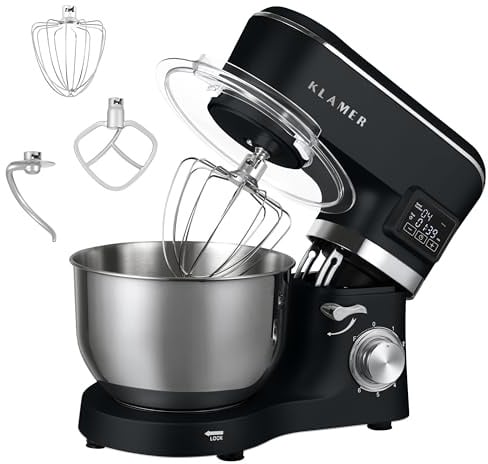 KLAMER Classic Küchenmaschine 1400 W mit 5,5 L Edelstahlschüssel | Knetmaschine mit planetarischem Rührwerk verarbeitet schwere Brotteige mühelos, arbeitet gleichmäßig mit Fermentierfunktion