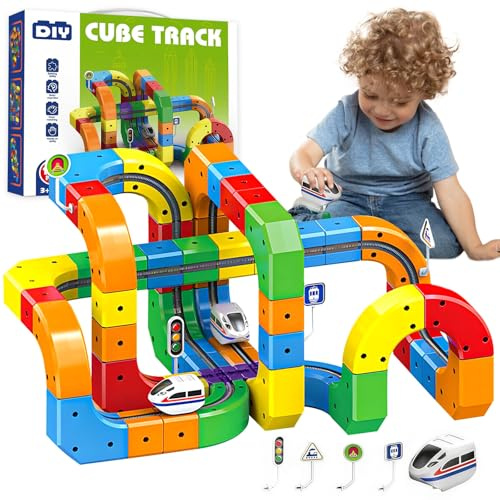 Set di treni elettrici 123PCS, Set di treni Magic Rail Cube, Blocchi Magnetici & Treno Motorizzato,3D Percorso Gravità,DIY Cube Track,Regalo di compleanno o di Pasqua per bambini e bambine krail