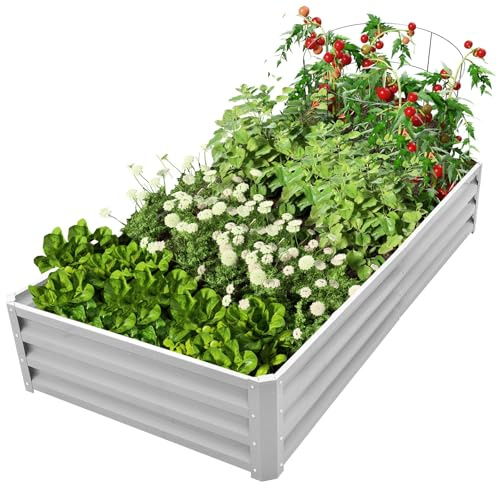 Teodute Orto Rialzato da Esterno, 180x90x30cm Zincato Grow Box con Asta Supporto, Fioriere da Esterno Grandi per Coltivazione Piante Ortaggi Fiori ed Erbe Aromatiche (Rettangolare + Argento)