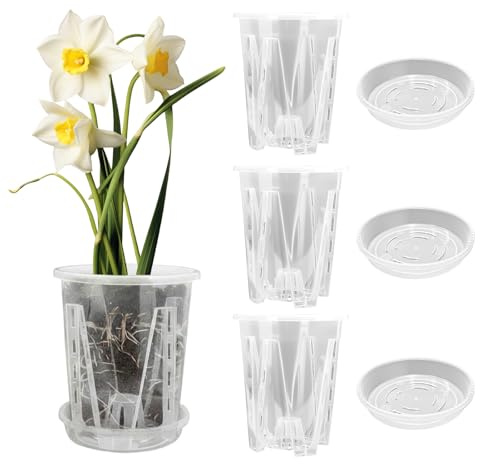 Set da 3 Vasi per Orchidee in Plastica con Sottovasi, 1.3L/Ø14cm Vaso | Fioriere Trasparenti con Fori di Drenaggio e Fessure per l‘Aerazione, per Interni ed Esterni, Bianco Trasparente