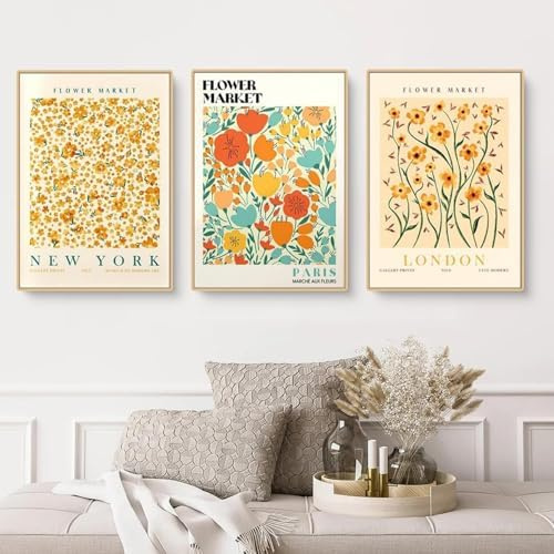 JORCEDI 3er Set Flower Market Wandbilder, Blumen Poster, Minimalistische Florale Wanddekoration für Wohnzimmer Schlafzimmer, Ohne Rahmen (30x40cm)