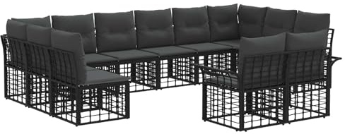 vidaXL Outdoor-Sofagarnitur 12 pcs Schwarz und Dunkelgrau Polyester, Garten-Sofa-Set, modern, wetterfest, verstellbare Füße, modulares Lounge-Möbel für die Terrasse