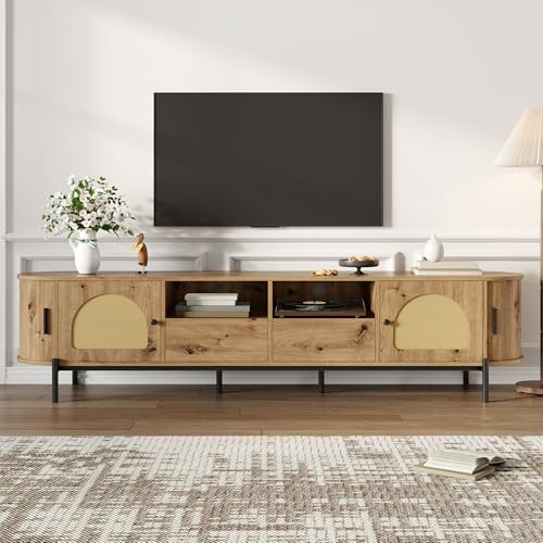 Yihomfy 200x40x49,5 cm Meuble TV Ovale avec Portes en Rotin et Pieds Métal, Table Télévision avec Tiroirs, Passe-Câbles, Banc TV Rangement Multizone pour Salon avec Espace de Rangement (Naturel)
