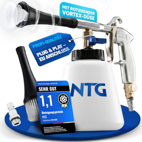 NTG Reinigungspistole Vortex Verwirbelungsdüse - 1000 ml Behälter | Druckluft Tiefenreinigung mit Metallgehäuse - Druckluftpistole ideal für Auto Fahrzeug Werkstatt & Haushalt