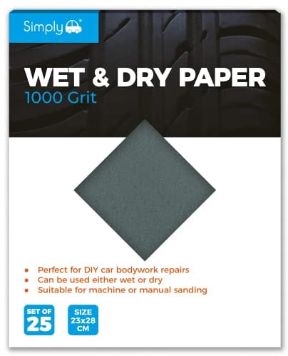 Simply WD1000 Wet & Dry Polishing Paper 1000 Grit, Pack of 25, 230mm x 280mm, Perfect for DIY Car Bodywork Repairs, Machine, Manual Sanding, Furniture and Home Improvement