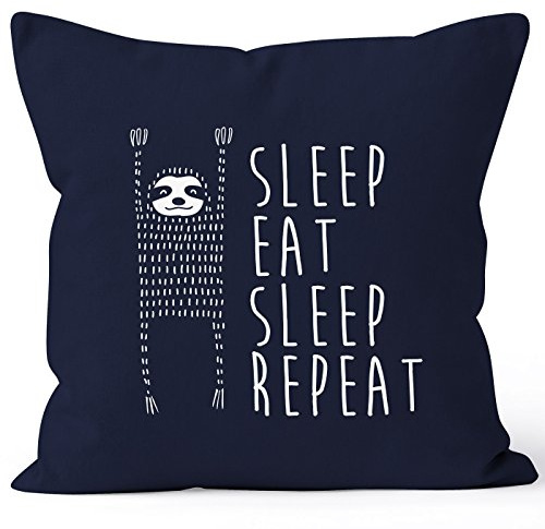 MoonWorks lustiger Kissenbezug Sleep eat Sleep Repeat Faultier Kissen-Hülle 40x40 Baumwolle Navy Unisize