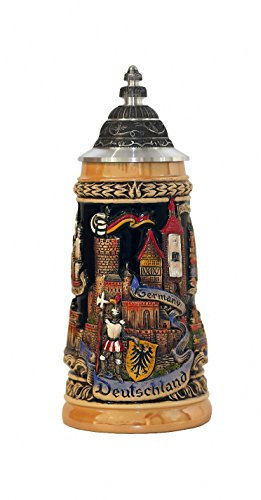 Zöller & Born Bierkrug Panorama Deutschland, gelb bemalt, mit Zinnspitzdeckel, Seidel 0,5 Liter Bierseidel ZO 1746/996
