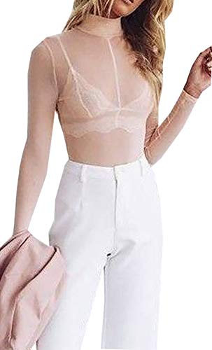 Loalirando Crop Top a Manica Lunga Maglia Ragazza Donna Tumblr Collo Alto Trasparente Serata Clubwear Sottile Casual,Rosa,S