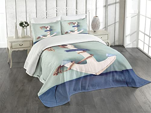 ABAKUHAUS Anker Tagesdecke Set, Anker und Seil-Motiv, Set mit Kissenbezügen farbfester Digitaldruck, für Doppelbetten 264 x 220 cm, Hellgrün Blau