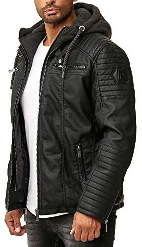 Red Bridge Herren Kunst- Lederjacke Kunstleder Bikerjacke mit Sweat- Kapuze 2in1, Schwarz - Kunstleder, M