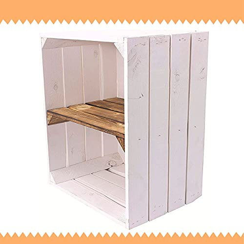 Moooble Neue weiße Obstkiste mit Einlegeboden/Zwischenbrett in geflammt Quer 50cm x 40cm x 30cm Schuhregal Holzkisten Weinkisten Regal Wandregal Kisten flambiert