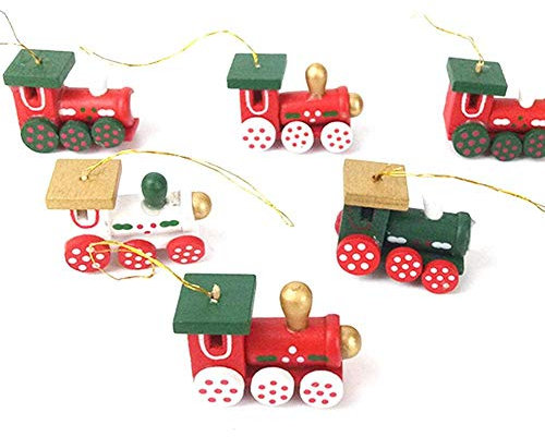 Bkrdty Treno di Legno di Natale 6 Pezzi Albero di Natale in Legno Dipinto con la Corda per Natale Vetrina Finestra Decorazione del Desktop