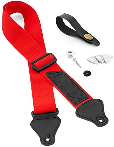 Tiger - Correa para ukelele (incluye correa, corbata para el cuello, botón de correa/pin final y 3 púas de fieltro, apto para soprano, concierto, tenor y barítono), color rojo