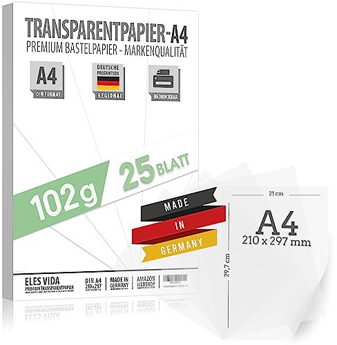 25 Blatt Blatt Transparentpapier bedruckbar DIN A4 102 g/m² 21 x 29,7 cm – pauspapiere – MADE IN GERMANY – Drachenpapier – Laternenpapier – Architektenpapier Schule und Studium