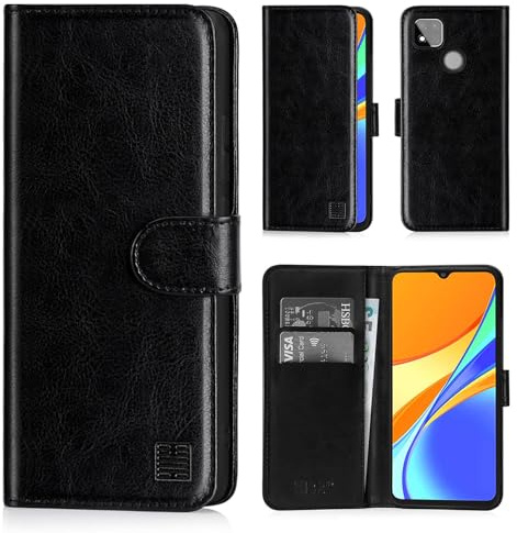 32nd Étui Portefeuille en Cuir PU Flip Coque pour Xiaomi Redmi 9C, Housse avec Fentes CB et Fermeture Magnétique - Noir