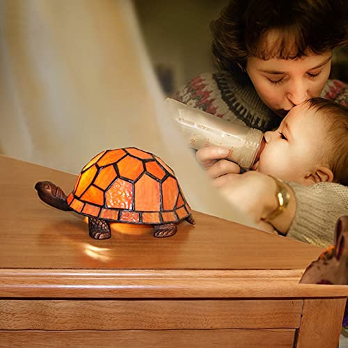 BOTOWI Kinder Nachtlampe, Schildkröte/Schildkrötenlampe Nachttischlampe, Tiffany-Stil Buntglas Akzent Schreibtischlampe, Kindergeschenke, E27,Orange