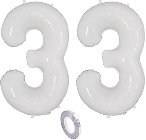 Weiß Luftballons Zahl 33. Geburtstag deko frau mann,Zahlen Ballon 33 Geburtstag deko, 40 Zoll Heliumballon 33 jahre Geburtstagsdeko frauen männer Aufblasbar Helium Folienballon 33 Weiß（33）